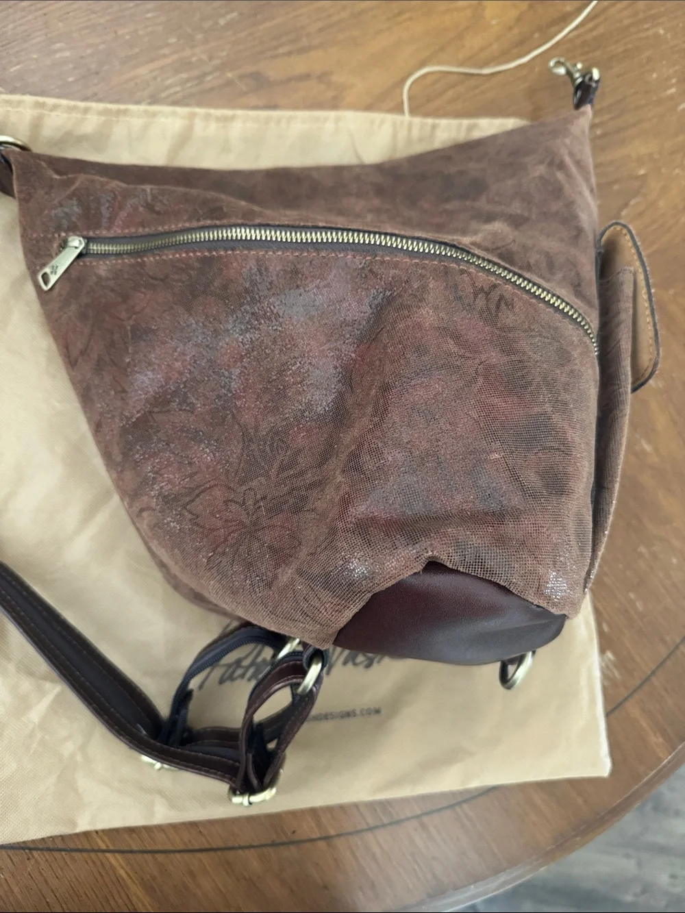 PATRICIA NASH LEAF SUEDE LEATHER CONVERTIBLE SLING BACKPACK JACQUARD DUST BAG